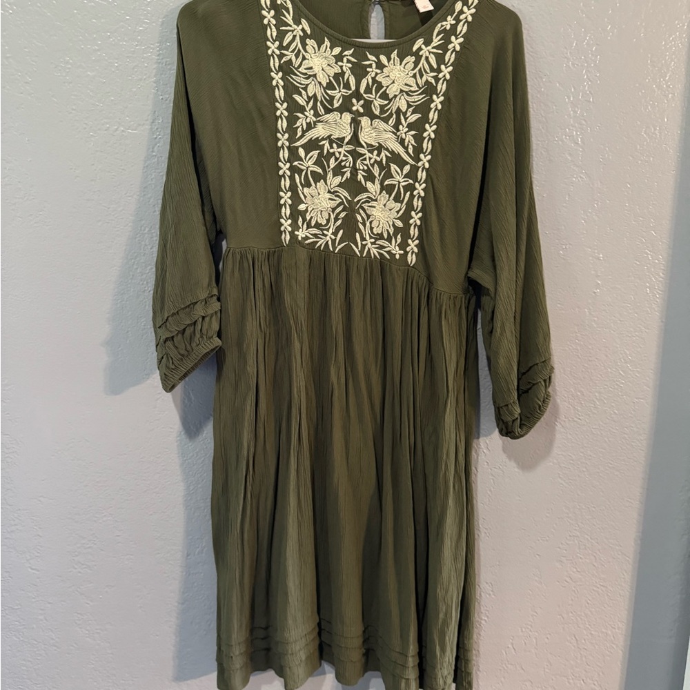 Embroidered Olive Green Dress